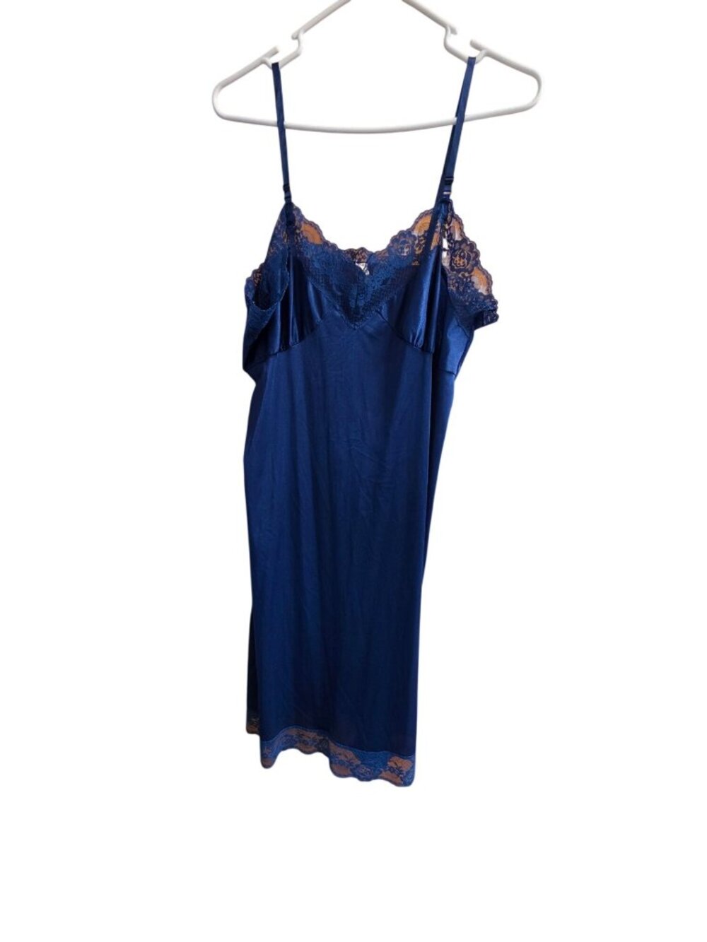 Vintage 70s 80s Cobalt Blue Satin Slip Dress Nightgown Lace L 14 Coquette - Picture 3 of 6